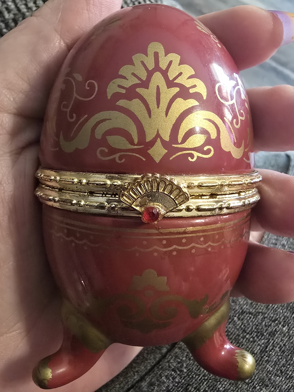 Red And Gold Accent Trinket Egg/clock Inside